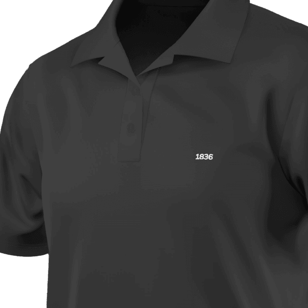 A black polo shirt with a classic collar, short sleeves, and a two-button placket. The fabric appears smooth and slightly fitted. A small white “1836” embroidery is positioned on the left chest area, adding a subtle design element. The shirt has a minimalist and modern look, suitable for casual or semi-formal wear.