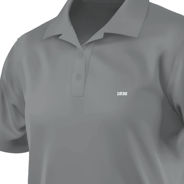 A gray polo shirt with a classic collar, short sleeves, and a two-button placket. The fabric appears smooth and slightly fitted. A small white “1836” embroidery is positioned on the left chest area, adding a subtle design element. The shirt has a minimalist and modern look, suitable for casual or semi-formal wear.