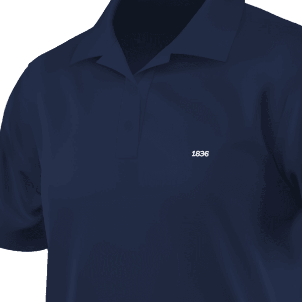 A navy polo shirt with a classic collar, short sleeves, and a two-button placket. The fabric appears smooth and slightly fitted. A small white “1836” embroidery is positioned on the left chest area, adding a subtle design element. The shirt has a minimalist and modern look, suitable for casual or semi-formal wear.