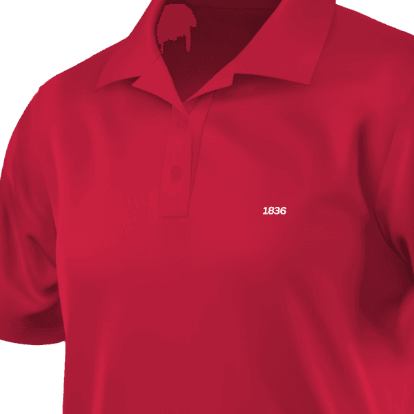 A red polo shirt with a classic collar, short sleeves, and a two-button placket. The fabric appears smooth and slightly fitted. A small white “1836” embroidery is positioned on the left chest area, adding a subtle design element. The shirt has a minimalist and modern look, suitable for casual or semi-formal wear.