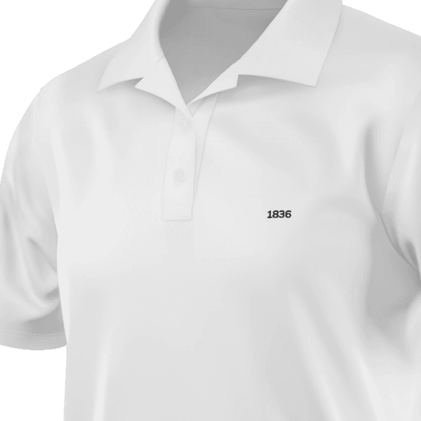 A white polo shirt with a classic collar, short sleeves, and a two-button placket. The fabric appears smooth and slightly fitted. A small white “1836” embroidery is positioned on the left chest area, adding a subtle design element. The shirt has a minimalist and modern look, suitable for casual or semi-formal wear.