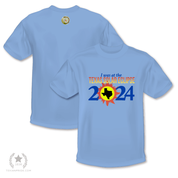 I was at the Texas solar eclipse 2024 on a sky blue t-shirt.