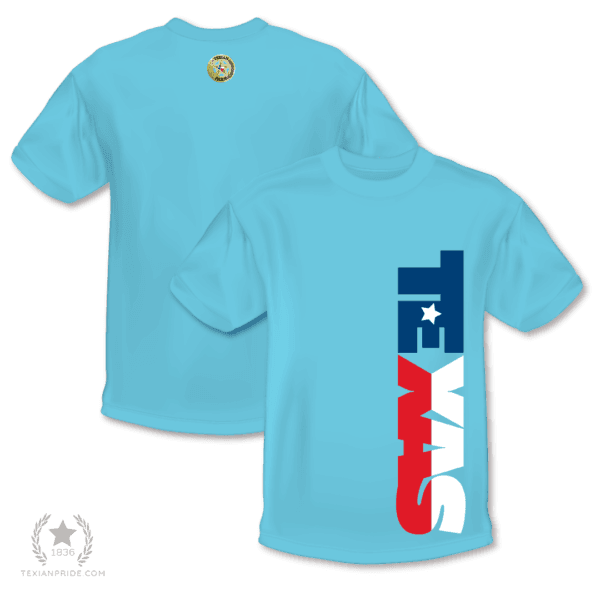 Texas on a sky blue t-shirt